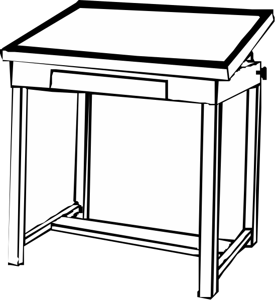 The black and white line drawing shows a simple wooden desk with two drawers on either side of it against an unadorned background.