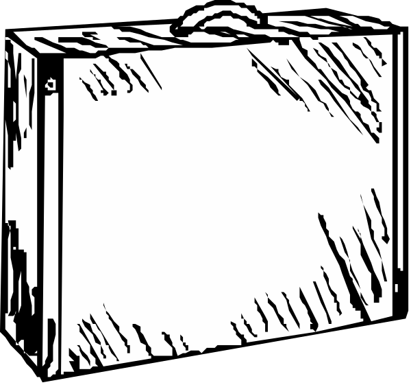 The black and white illustration shows a suitcase with its lid open on top of what appears to be an old-fashioned wooden table in front of it.