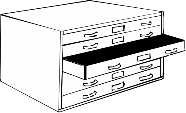 The black and white illustration shows a wooden filing cabinet with three drawers on top of each other against a dark background.
