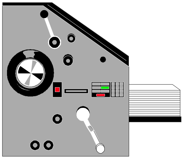 The image shows a black and white illustration of an old film projector with two reels on it placed inside what appears to be a dark room.