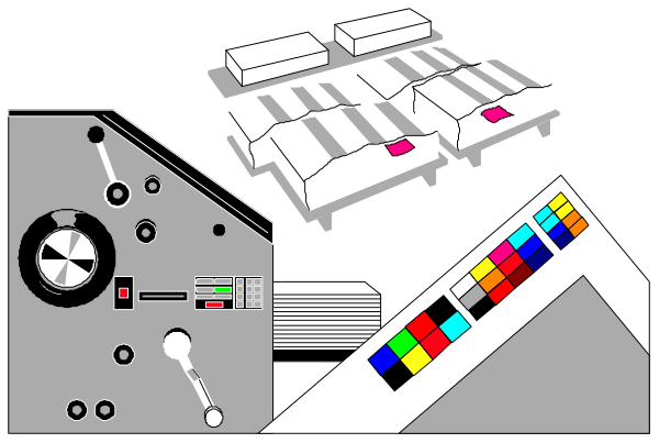 The image shows a collection of electronic equipment including an old tape recorder with cassettes on top, various sound mixing boards in different orientations, audio recording devices such as microphones and headphone jacks, and other miscellaneous items related to music production or radio broadcasting set against a dark background.