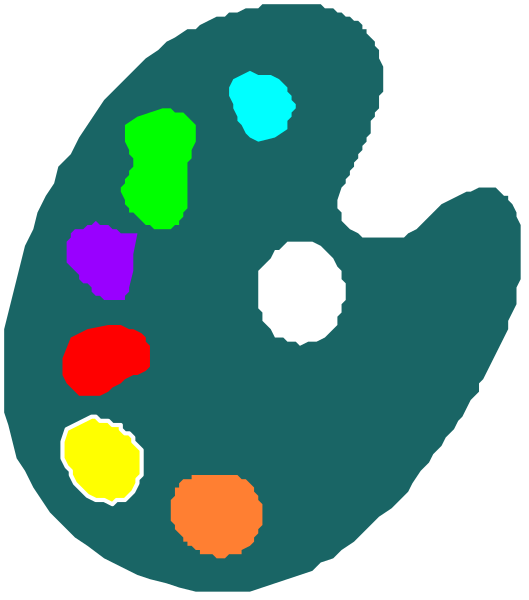 The image shows a stylized representation of an artist's palette with various paint swatches on it against a dark background.
