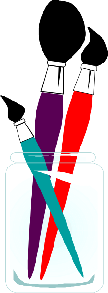The image shows a jar filled with colorful paintbrushes next to an open bottle of red liquid that appears to be ink or dye.