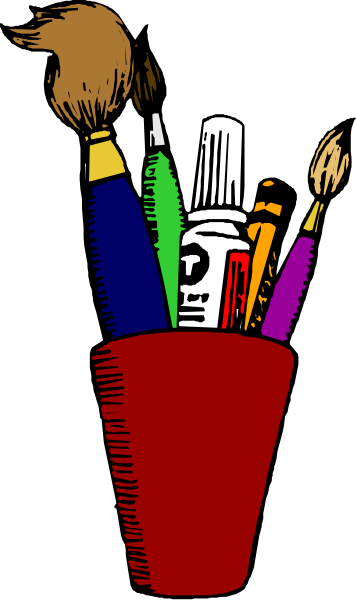 The image shows a red bucket filled with various paintbrushes of different sizes next to an assortment of colorful paints in tubes on top of it.