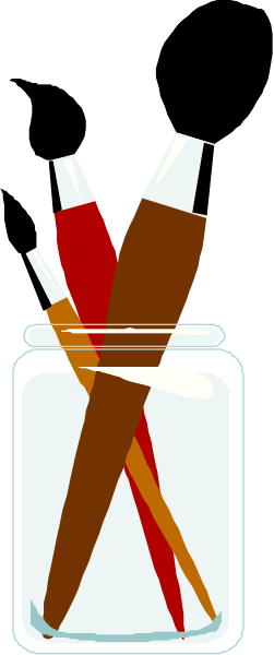 The image shows a jar filled with paintbrushes of various sizes next to an open container that appears to contain red ink.