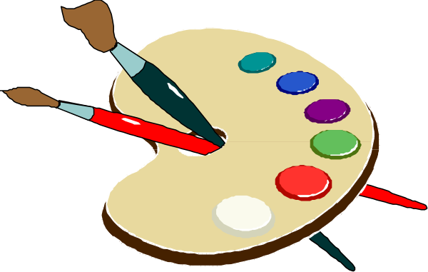 The illustration shows a cartoon depiction of an easel with paintbrushes on it next to palettes filled with various colored paints; there is no text present in this image.