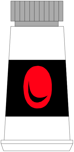 The image shows a tall bottle with red labeling that has an illustration of what appears to be a smiley face on it; in front is another smaller object resembling a vial with black liquid, and both items seem to have labels indicating their contents or purpose.
