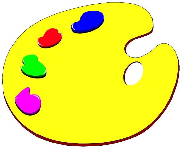 The image shows a cartoon of an easel with paintbrushes on it, featuring three colorful bristles: red, blue, and green; there is also one yellow brush that appears to be missing its handle.