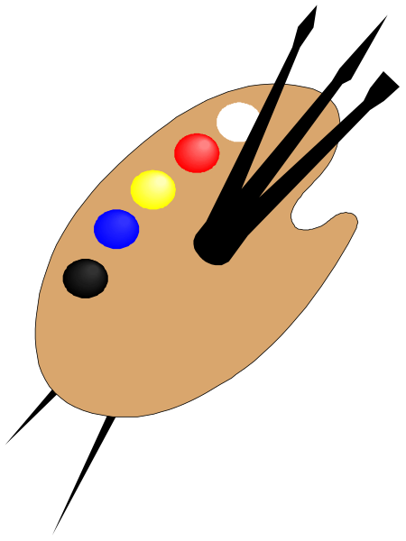 The image shows a digital illustration of an artist's palette with various paint brushes on it against a black background.