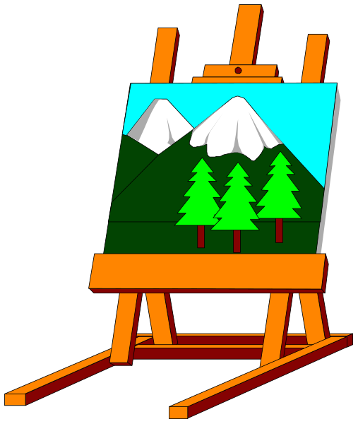 The image shows a wooden easel with an acrylic painting of mountains on it placed against a black background.