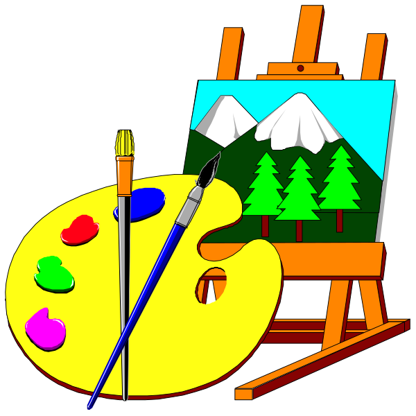 The image shows a painting easel with an unfinished landscape on it featuring pine trees against mountains; next to the easel is a palette filled with paint tubes of various colors including reds, blues, yellows and greens; there's also a brush resting in front of them.