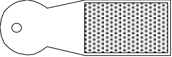 The image shows a black and white illustration of an object that resembles a fish with scales on its body, swimming in water underwater plants.