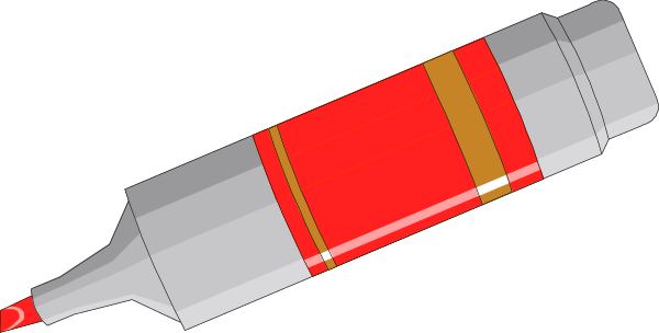 The image shows a red ink pen with its cap off on top of an object that resembles a bottle-like structure in shades of gray and white; there is no text present within this small clip-art illustration, which focuses solely on these two objects without any additional context or background.