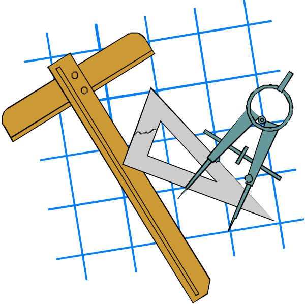 The image shows a collection of geometric shapes including an equilateral triangle with two right angles on either side, another shape that appears to be a compass rose, possibly representing navigation tools like sextants or astrolabes, and what looks like a protractor in front of the other objects. These items are set against a grid background which could represent a map or technical drawing surface.