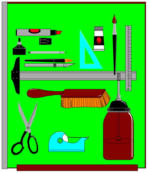 The image shows a collection of office supplies on top of an open drawer with various items such as scissors, pens, pencils, rulers, measuring tape, marking tools, paintbrushes, and other craft materials arranged neatly in rows against a green background.