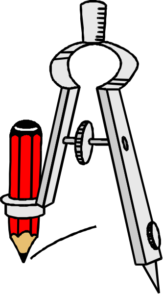 The black and white illustration shows a compass with an ink pen on top of it next to a ruler that has red pencil marks drawn along its edge.