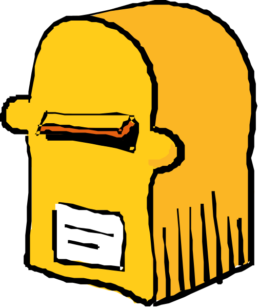 The image shows a cartoon depiction of an old yellow mailbox with its flap open on top, placed against what appears to be a dark background.