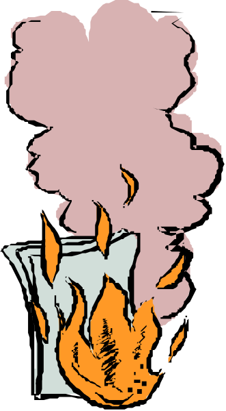 The image shows a cartoon of an explosion with smoke rising from it next to what appears to be flames on fire.