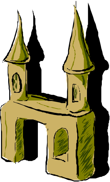 The image shows a simple line drawing of an old castle with two towers connected by walls on top of each other against a plain background.