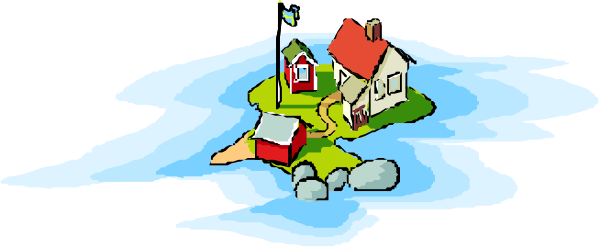 The image shows a cartoon depiction of an island with houses on it surrounded by water under what appears to be cloudy skies.