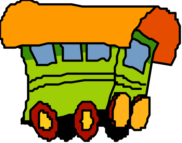 The image shows a colorful cartoon of an orange train with two cars attached to it traveling on tracks at night under a dark sky.
