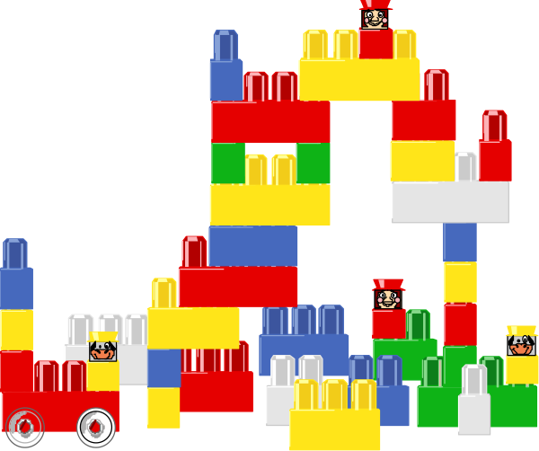 The image shows a Lego train with various colorful bricks forming it, set against a black background; there is no text present in this small clip-art image.