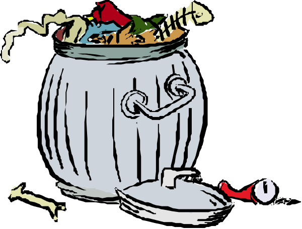 The cartoon shows a whimsical scene with an overflowing trash can that has spilled out onto the floor next to it; there's also a small white bucket labeled "Trash" sitting on top of some items, and various pieces of garbage scattered around in disarray.