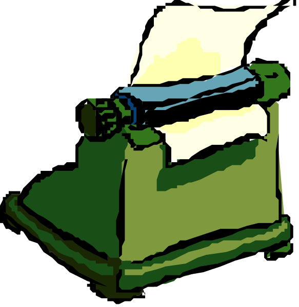 The image shows a cartoon of an old typewriter with paper on it next to two images: 1) A close-up view showing only one side of the same green typewriter; 2) Another perspective where you can see both sides, including the roller and carriage mechanism inside. There is no text or action depicted in this image. The setting appears to be a simple desk with an old style lamp on it behind the typewriters. No people are present in these images.