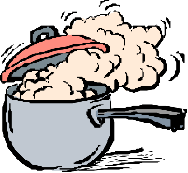 The image shows a cartoon of two pots with food spilling out onto each other from their respective lids; there is also an illustration of smoke rising above one pot's lid as if it were boiling over, and another smaller picture within that depicts more steam or fumes.