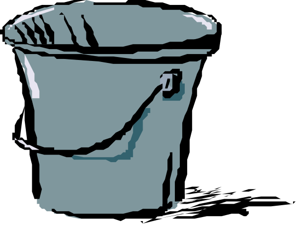 The image shows a blue bucket with two handles on its sides next to an empty trash can.