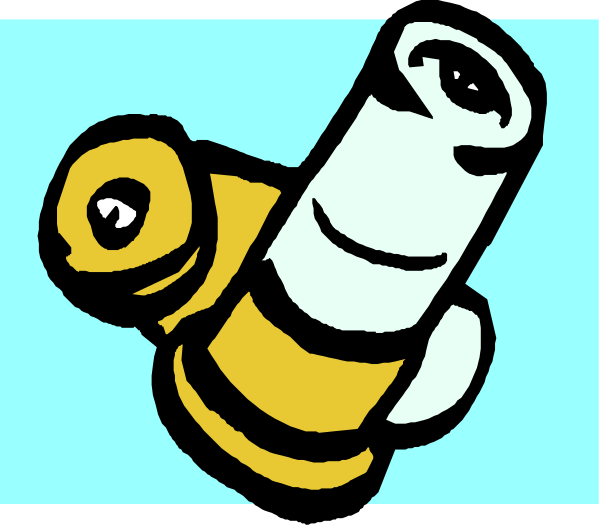 The image shows a cartoon depiction of an object that resembles a bullet with two cylindrical parts connected by what appears to be a spring mechanism in between them; it is colored yellow against a blue background, and there's no text present within this small clip-art frame.