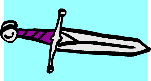 The image shows a sword with two handles on either side of it against a blue background.