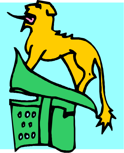 The image shows a cartoon of an animated lion sitting on top of what appears to be a green telephone booth with its mouth open as if roaring.