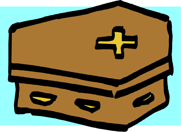 The image shows a cartoon of an open casket with a cross on top placed next to it.