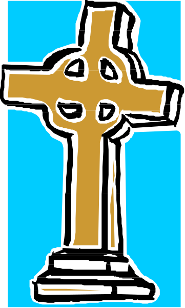 The image shows a cross with an illustration of two hands on it against a blue background.