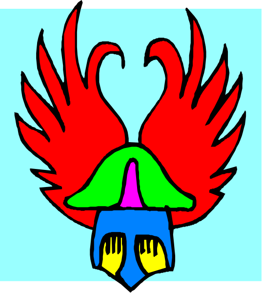 The image shows a stylized graphic of an eagle with outstretched wings on its body, which is colored red and green; it has two heads facing opposite directions: one head appears to be human-like while the other resembles that of an animal or mythical creature.