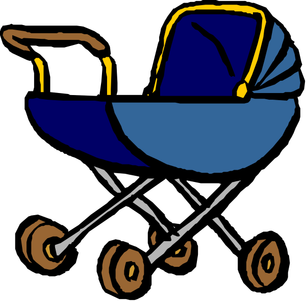 The cartoon depicts a stroller with wheels on it against a dark background.