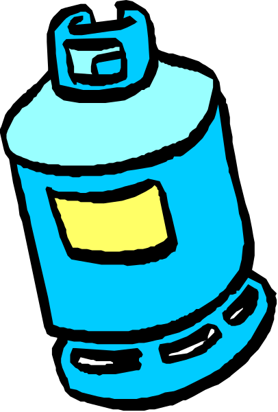 The image shows a blue fire extinguisher with yellow markings on it against a white background.
