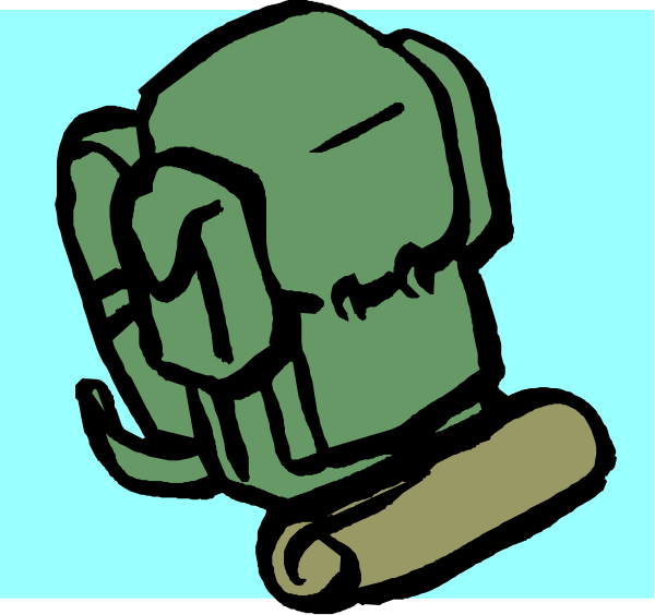 The image shows a green backpack with two straps on top of it against a blue background.