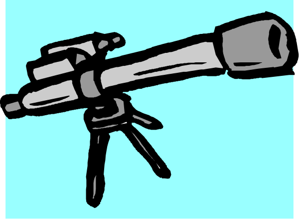 The image shows a black and white line drawing of an astronomical telescope with its tripod on top against a blue background.