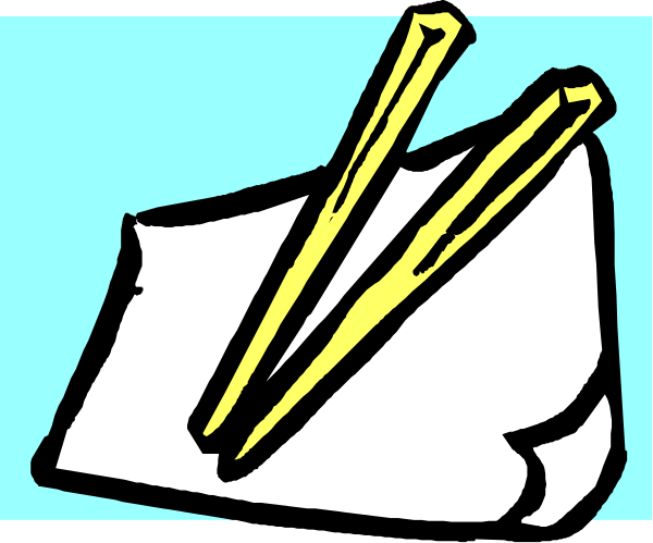 The image shows a cartoon depiction of chopsticks wrapped up with paper napkins on top of them against a blue background.