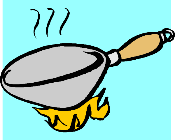 The image shows a cartoon of two pans on fire with flames rising from them; above each pan is an illustration of steam coming off it as if to indicate heat.