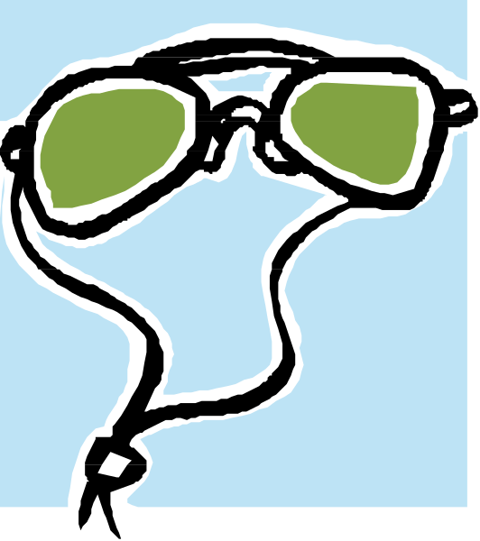 The image shows a cartoon of sunglasses with eyes drawn on them to resemble a face looking out from behind some glasses frames.