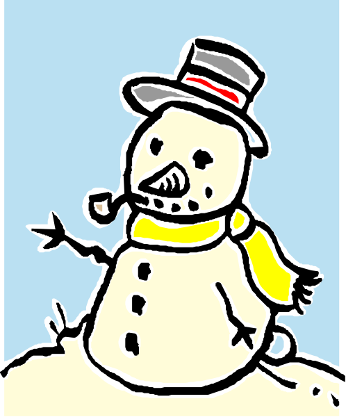 The cartoon depicts a snowman with a top hat standing on what appears to be sandy ground holding an umbrella in one hand while smoking from another; it is wearing sunglasses over its eyes and has a pipe for a nose, all set against a blue sky background.
