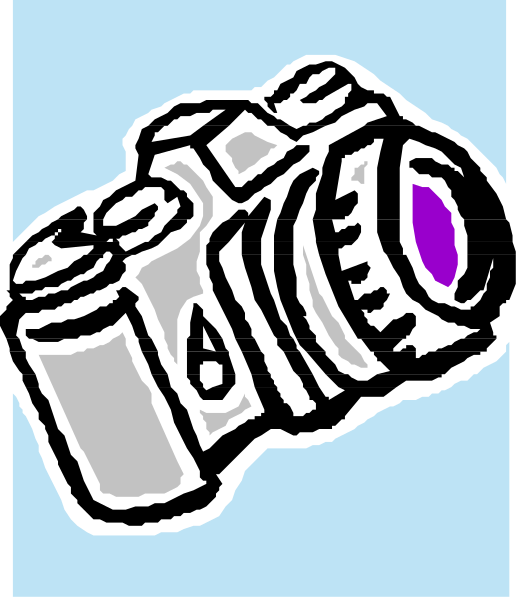 The image shows a black camera with purple lens caps on it against a blue background.