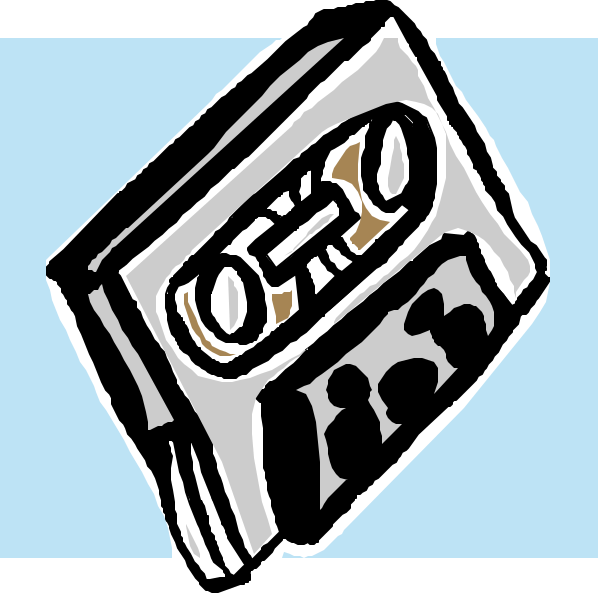 The image shows a black and white illustration of an old cassette tape player with its door open to reveal blank tapes inside.