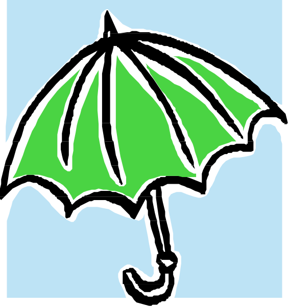 The image shows a green umbrella with an open canopy against a blue background on top of what appears to be a building; there is no visible text in this clip-art illustration.