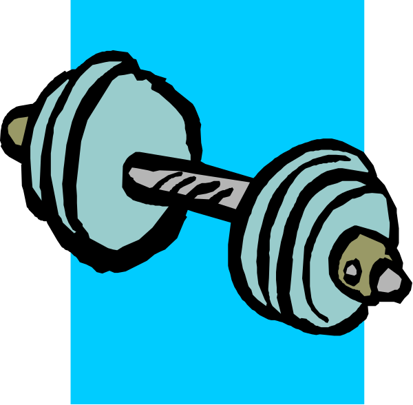 The image shows a dumbbell with two weights on either side of it against a blue background.