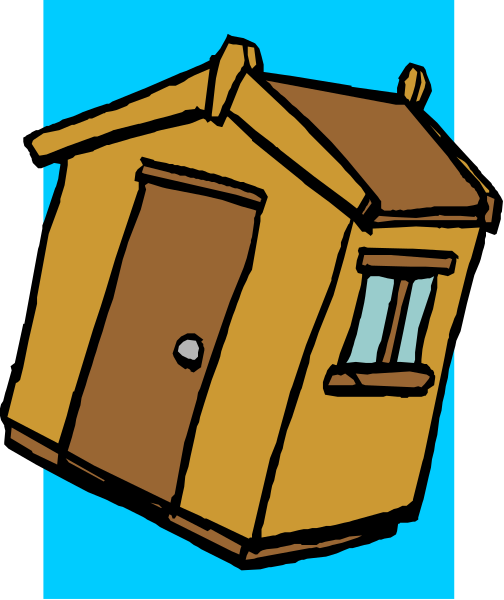 The image shows a cartoon depiction of an old wooden house with two windows on its side, sitting alone against a blue background.