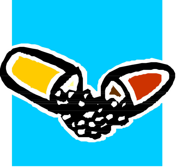The image shows a blue square with two cartoon birds flying towards each other from opposite corners of the frame; their beaks appear to touch in mid-air above an unseen object that is described as "a piece of bread."